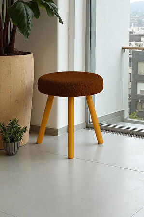 ORINA Yuvarlak Peluş Modern Teddy Puf Bench – Retro Ahşap Ayaklı Tabure