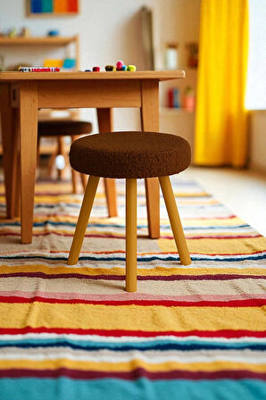 ORINA Yuvarlak Peluş Modern Teddy Puf Bench – Retro Ahşap Ayaklı Tabure