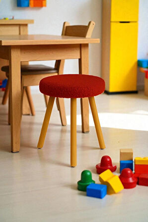ORINA Yuvarlak Peluş Modern Teddy Puf Bench – Retro Ahşap Ayaklı Tabure