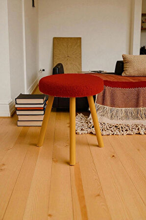 ORINA Yuvarlak Peluş Modern Teddy Puf Bench – Retro Ahşap Ayaklı Tabure