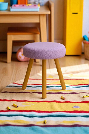 ORINA Yuvarlak Peluş Modern Teddy Puf Bench – Retro Ahşap Ayaklı Tabure