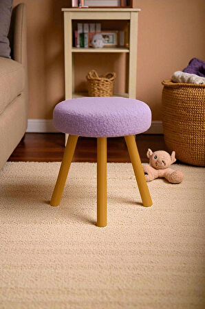 ORINA Yuvarlak Peluş Modern Teddy Puf Bench – Retro Ahşap Ayaklı Tabure