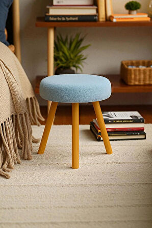 ORINA Yuvarlak Peluş Modern Teddy Puf Bench – Retro Ahşap Ayaklı Tabure