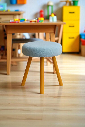 ORINA Yuvarlak Peluş Modern Teddy Puf Bench – Retro Ahşap Ayaklı Tabure