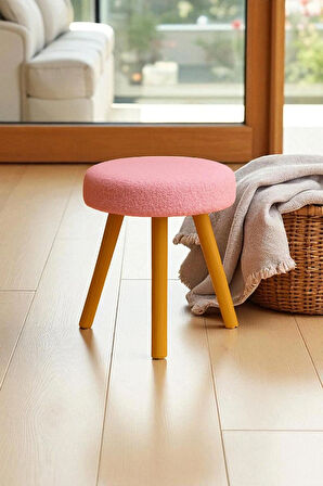 ORINA Yuvarlak Peluş Modern Teddy Puf Bench – Retro Ahşap Ayaklı Tabure