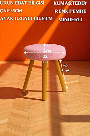 ORINA Yuvarlak Peluş Modern Teddy Puf Bench – Retro Ahşap Ayaklı Tabure