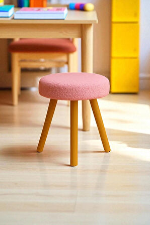 ORINA Yuvarlak Peluş Modern Teddy Puf Bench – Retro Ahşap Ayaklı Tabure