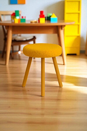 ORINA Yuvarlak Peluş Modern Teddy Puf Bench – Retro Ahşap Ayaklı Tabure