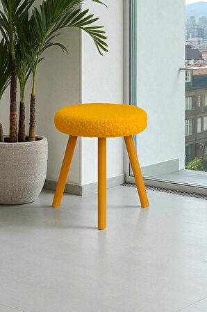 ORINA Yuvarlak Peluş Modern Teddy Puf Bench – Retro Ahşap Ayaklı Tabure