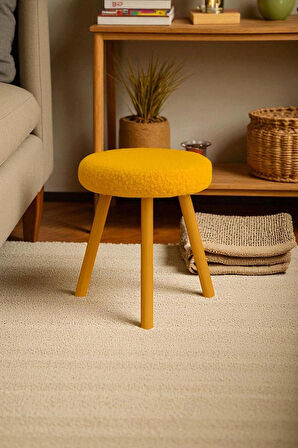 ORINA Yuvarlak Peluş Modern Teddy Puf Bench – Retro Ahşap Ayaklı Tabure