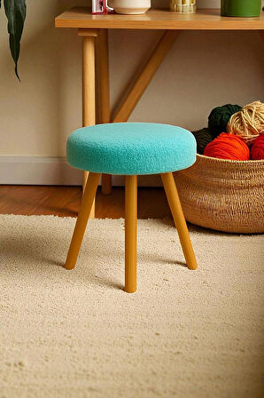 ORINA Yuvarlak Peluş Modern Teddy Puf Bench – Retro Ahşap Ayaklı Tabure