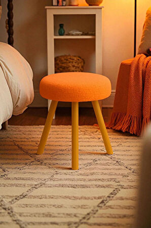 ORINA Yuvarlak Peluş Modern Teddy Puf Bench – Retro Ahşap Ayaklı Tabure