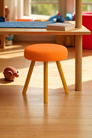 ORINA Yuvarlak Peluş Modern Teddy Puf Bench – Retro Ahşap Ayaklı Tabure