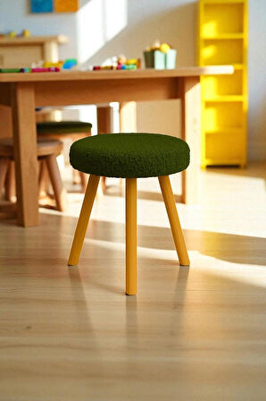ORINA Yuvarlak Peluş Modern Teddy Puf Bench – Retro Ahşap Ayaklı Tabure