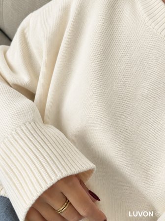 Ekru Bisiklet Yaka Oversize Triko Kadın Kazak