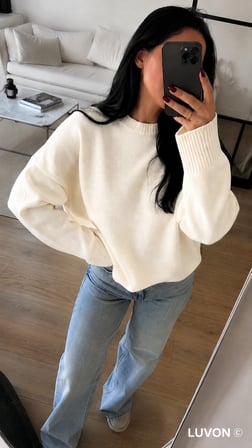 Ekru Bisiklet Yaka Oversize Triko Kadın Kazak