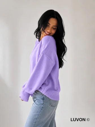 Lila Bisiklet Yaka Oversize Triko Kadın Kazak