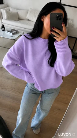 Lila Bisiklet Yaka Oversize Triko Kadın Kazak