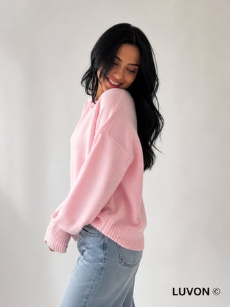 Pembe Bisiklet Yaka Oversize Triko Kadın Kazak