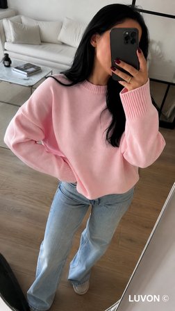 Pembe Bisiklet Yaka Oversize Triko Kadın Kazak