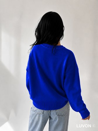 Saks Mavi Bisiklet Yaka Oversize Triko Kadın Kazak
