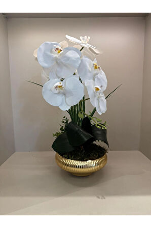 Yapay Orkideli Küçük Boy Çizgili Yassı Vazo No:2