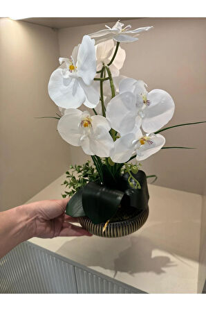 Yapay Orkideli Küçük Boy Çizgili Yassı Vazo No:1
