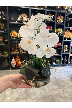 Yapay Orkideli Küçük Boy Çizgili Yassı Vazo No:1