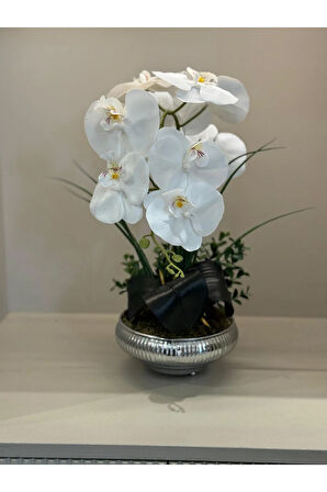 Yapay Orkideli Küçük Boy Çizgili Yassı Vazo No:3