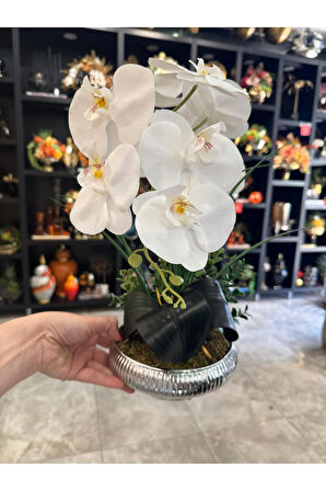 Yapay Orkideli Küçük Boy Çizgili Yassı Vazo No:3