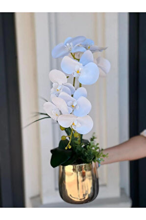 Yapay Islak Orkideli Gold Metal Vazo No:1