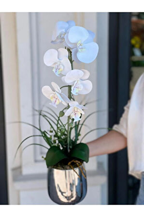 Yapay Islak Orkideli Gümüş Metal Vazo No:1