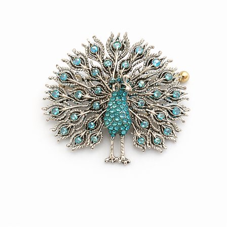 Taşlı Tavus Kuşu Figürlü Metal Broş – Turkuaz Detaylı Gold Tasarım