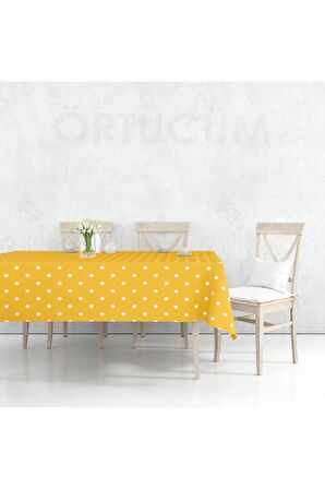 Sarı Beyaz Puantiyeli Silinebilir Pvc Muşamba Mutfak Masa Örtüsü Leke Tutmaz