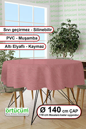 Pembe Renk Desensiz Astarlı Pvc Muşamba Yuvarlak Masa Örtüsü Silinebilir Sıvı Geçirmez Mutfak