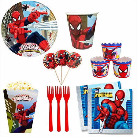 Örümcek Adam 8 Tabak, 8 Bardak, 8 Mısır Kutusu, 8 Cupcake, 10 Peçete, 10 Çatal, 10 Kürdan