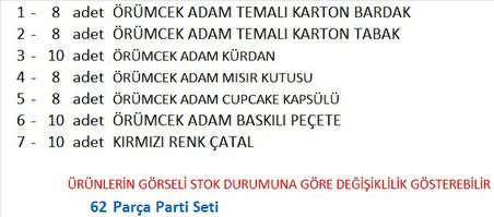 Örümcek Adam 8 Tabak, 8 Bardak, 8 Mısır Kutusu, 8 Cupcake, 10 Peçete, 10 Çatal, 10 Kürdan