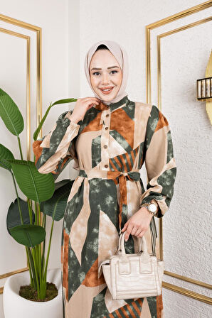 Kadın Kuşaklı Viskon Tesettür Elbise