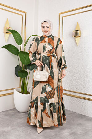 Kadın Kuşaklı Viskon Tesettür Elbise