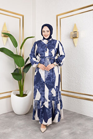 Kadın Kuşaklı Viskon Tesettür Elbise