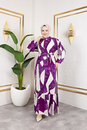 Kadın Kuşaklı Viskon Tesettür Elbise