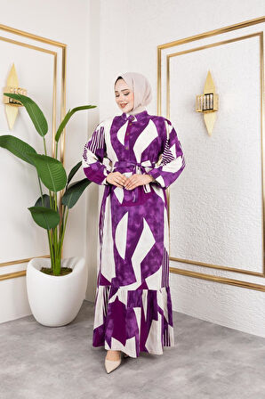 Kadın Kuşaklı Viskon Tesettür Elbise