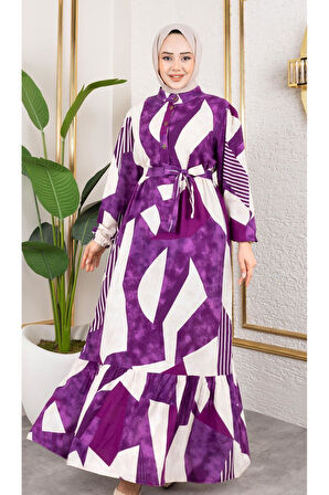 Kadın Kuşaklı Viskon Tesettür Elbise
