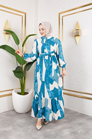 Kadın Kuşaklı Viskon Tesettür Elbise