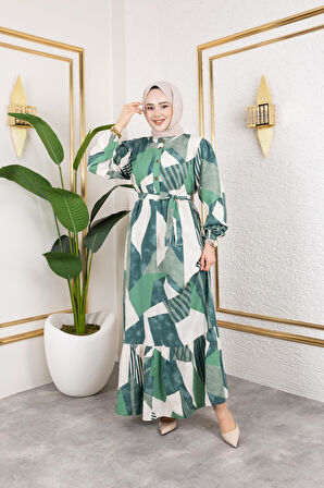 Kadın Kuşaklı Viskon Tesettür Elbise