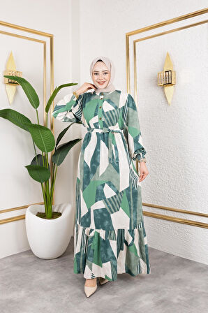 Kadın Kuşaklı Viskon Tesettür Elbise