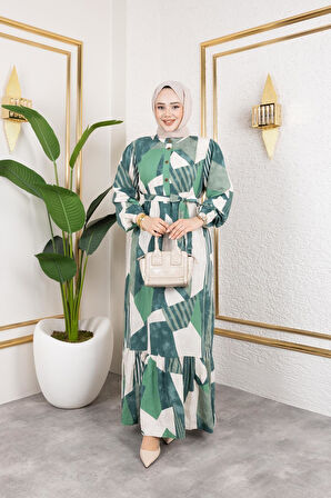 Kadın Kuşaklı Viskon Tesettür Elbise