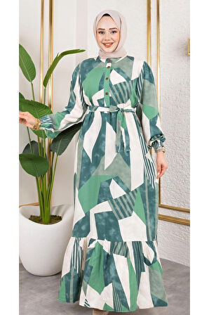 Kadın Kuşaklı Viskon Tesettür Elbise