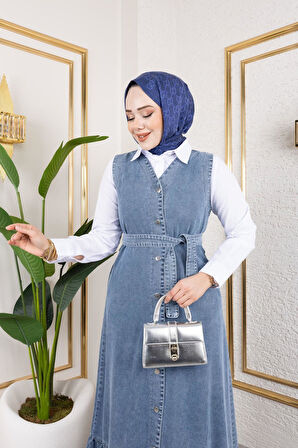 Kadın Düğmeli Kuşaklı Kot Jile