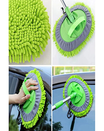  Çok Fonksiyonlu 2 In 1 Şönil Mikrofiber Araba Yıkama Paspas Temizleme Fırçası Teleskopik Uzun Saplı